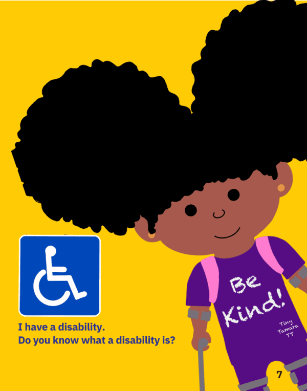 A cartoon of a girl with a backpack and sign.