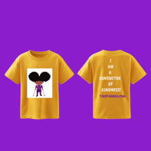 Yellow t-shirt with kindness message and cartoon.