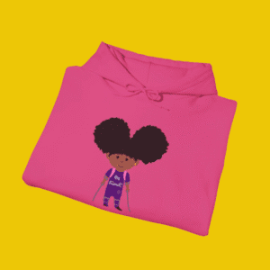 Pink hoodie with cute cartoon character design.