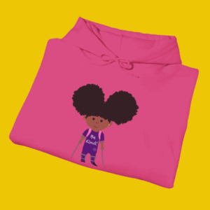 Pink hoodie with cute cartoon character design.