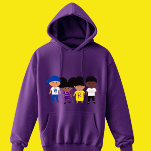 Purple hoodie with cartoon characters on front.
