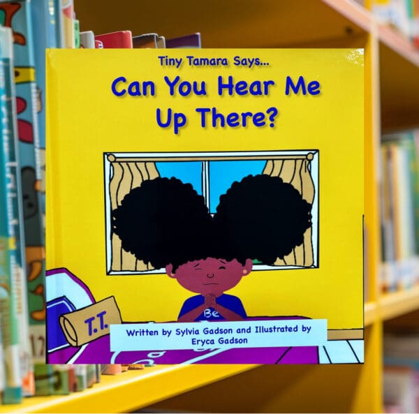 Children's book on a library shelf.