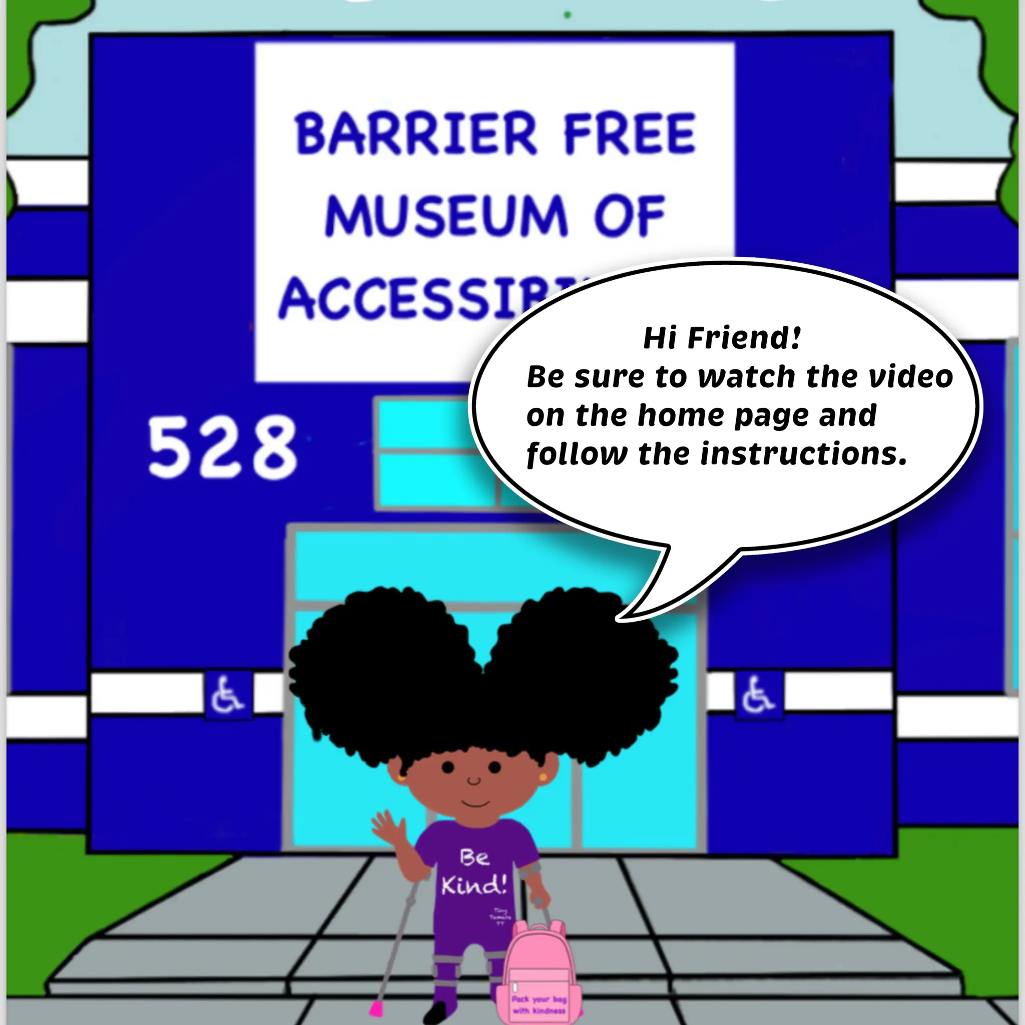 A cartoon of a girl with a purse in front of a building.