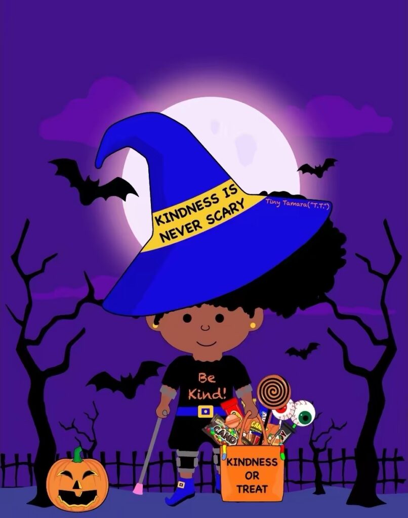 Child in witch hat promoting kindness and treats.